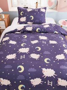 Kids Sheep Print Duvet Cover Set Without Filler - Blue - View 3