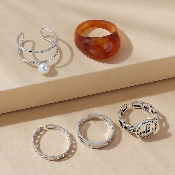 

5pcs Faux Pearl Detail Ring, Silver