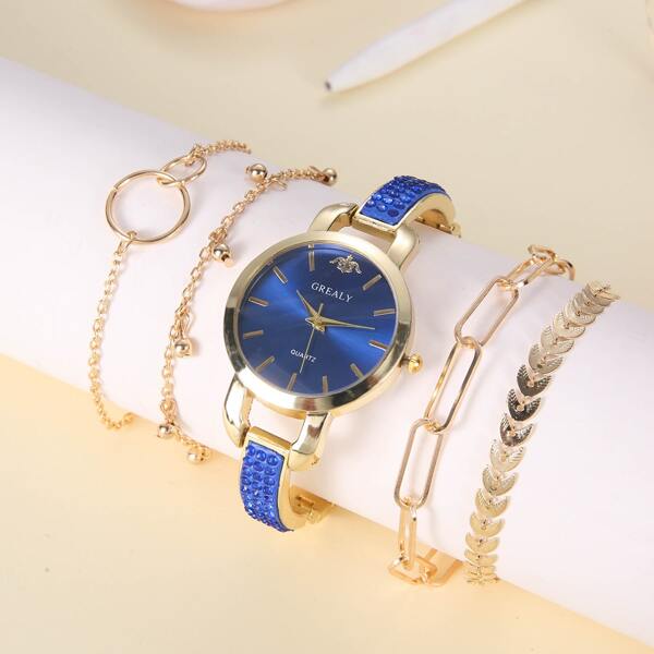 

1pc Rhinestone Decor Quartz Watch & 4pcs Bracelet