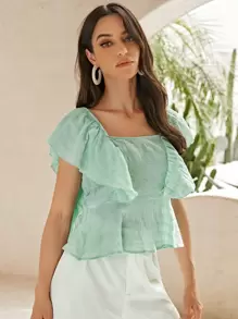 SHEIN VCAY 繫帶露背荷葉邊細節荷葉邊下擺上衣 - 薄荷綠 - 查看 2