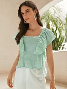 SHEIN VCAY 繫帶露背荷葉邊細節荷葉邊下擺上衣 - 薄荷綠 - 查看 5