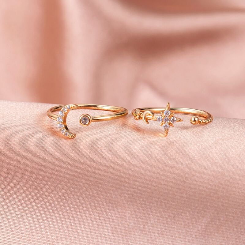

2pcs Rhinestone Star & Moon Ring, Gold
