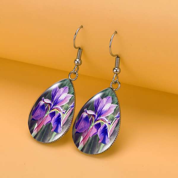 

Flower Pattern Water-drop Earrings, Purple