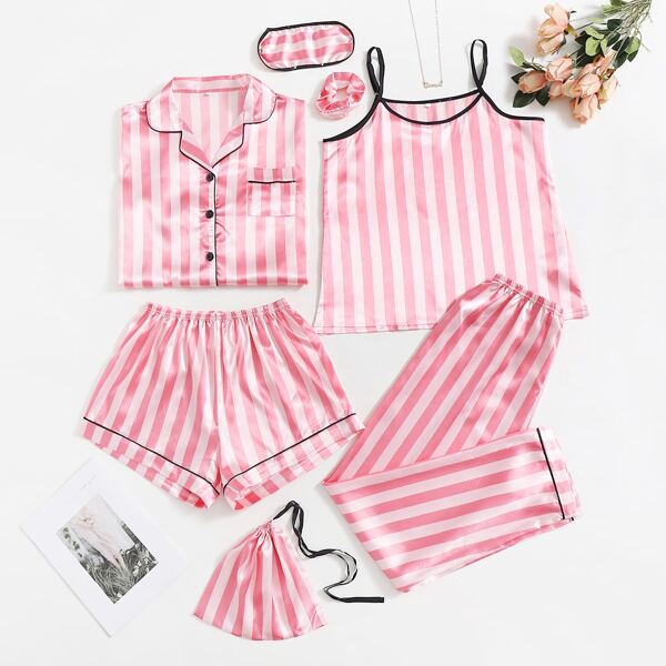 

7pc Striped Print Contrast Binding Night Set, Pink