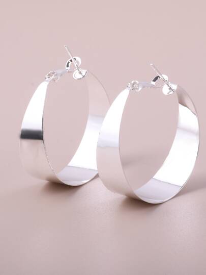 1 par de pendientes de aro grandes pulidos en color plata, pendientes de banda ancha para mujer