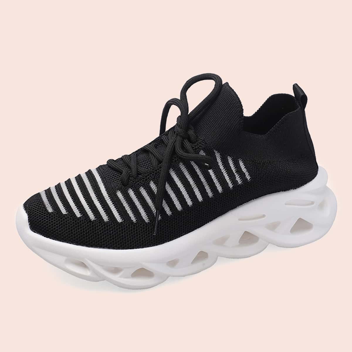 

Striped Lace-up Knit Sneakers, Black