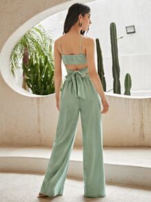SHEIN Buckle Cross Wrap Tie Back Crop Cami Top & Palazzo Trousers Set - Mint Green - View 2