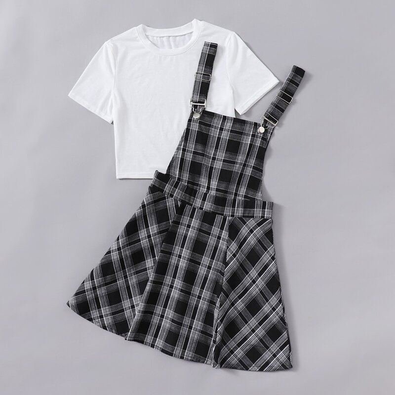 

Solid Tee & Plaid Pinafore Dress, Black and white