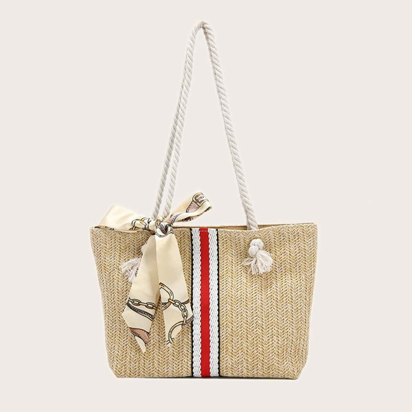 

Twilly Scarf Decor Straw Shoulder Tote Bag, Khaki