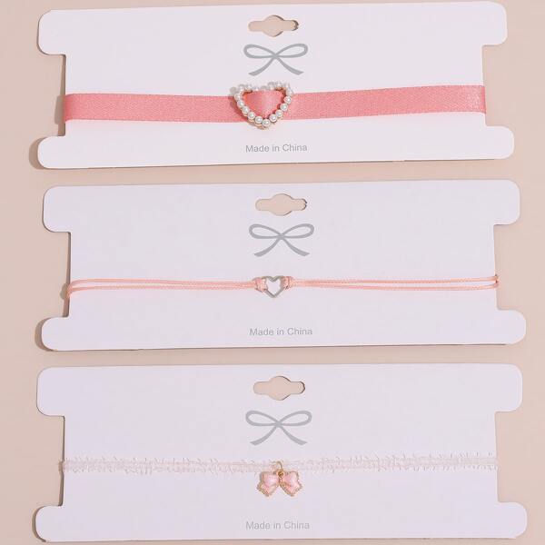 

3pcs Heart Decor Necklace, Pink