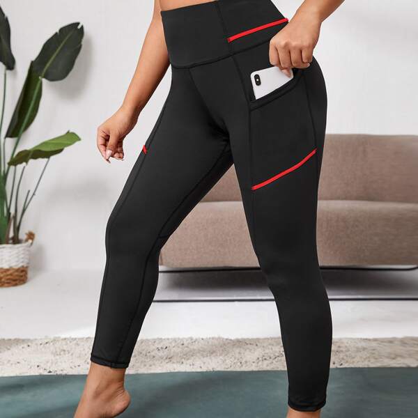 

Plus High Stretch Contrast Piping Sports Leggings With Phone Pocket, Black