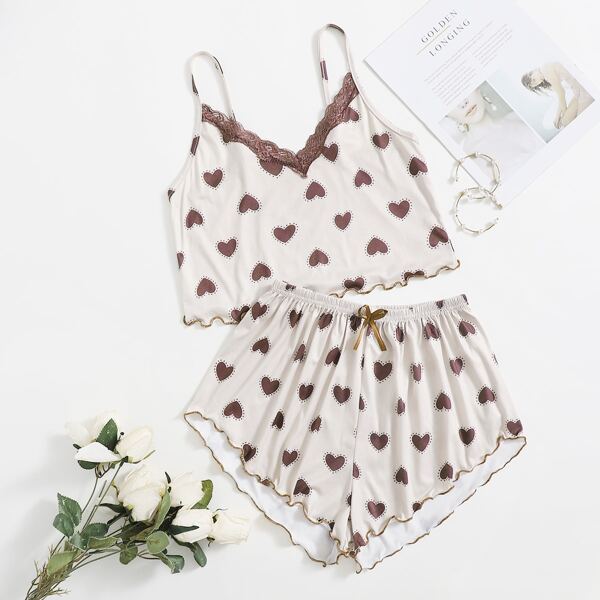 

Lace Panel Heart Print Cami Pajama Set, Multicolor