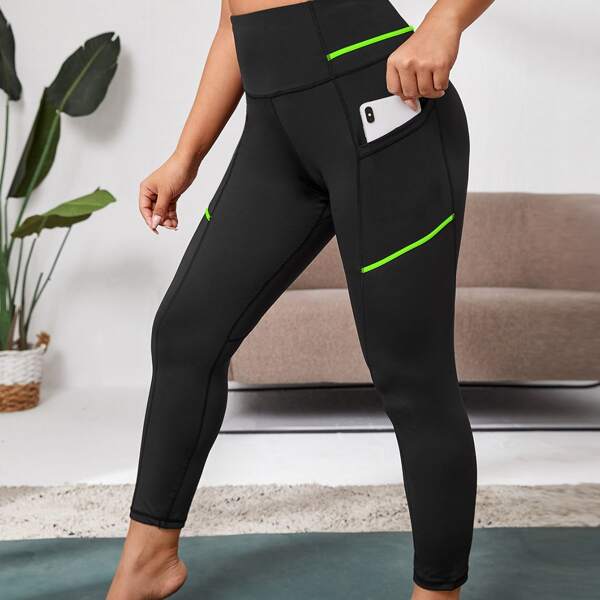 

Plus High Stretch Contrast Piping Sports Leggings With Phone Pocket, Black