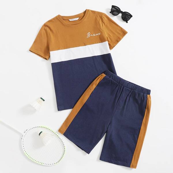 

Boys 100% COTTON Letter Graphic Colorblock Top & Contrast Sideseam Shorts Set, Multicolor