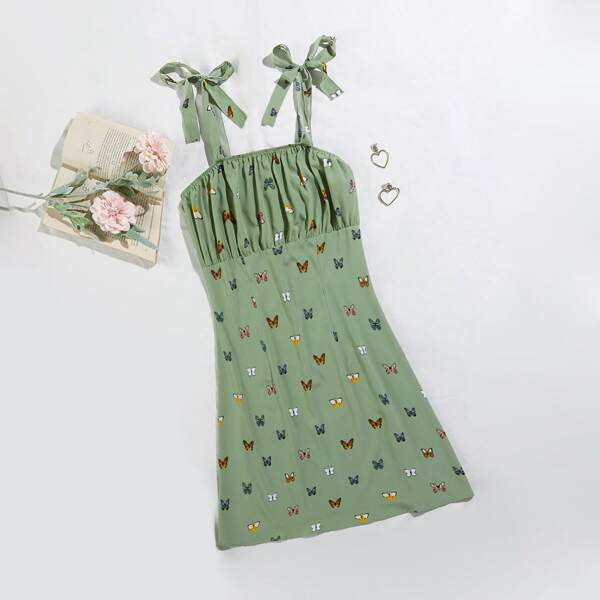 

Plus Butterfly Print Knotted Cami Dress, Olive green