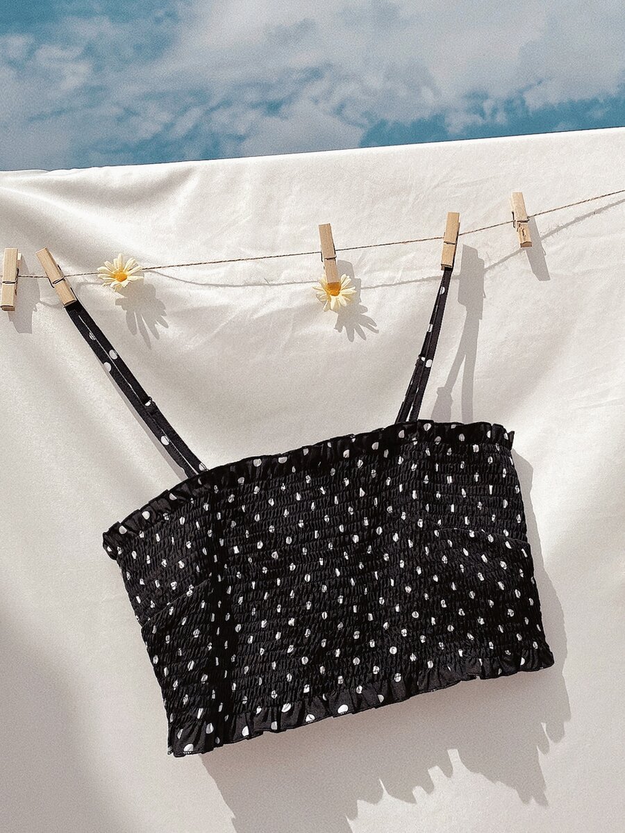 Plus Polka Dot Shirred Cami Top - Black - View 1