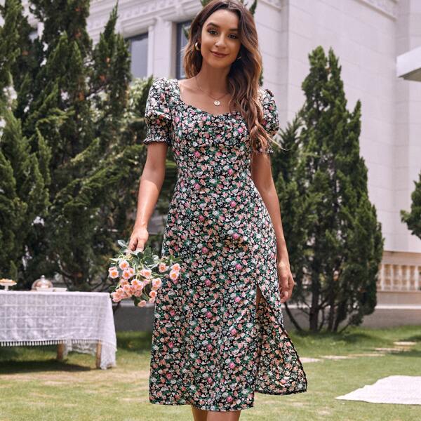 

Ditsy Floral Puff Sleeve Split Thigh Dress, Multicolor