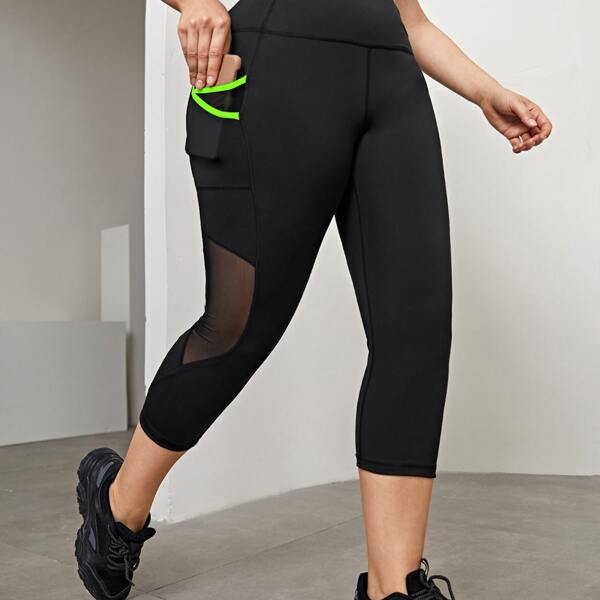 

Plus Contrast Mesh Capris Leggings With Phone Pocket, Black