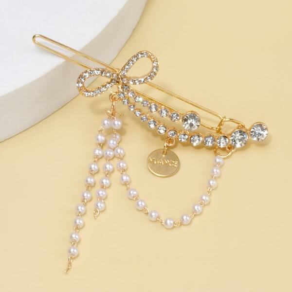 

Toddler Girls Faux Pearl & Rhinestone Bow Decor Hair Clip, Multicolor