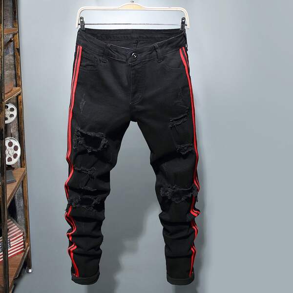 

Men Ripped Striped Tape Skinny Jeans, Black