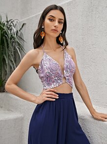 SHEIN Paisley Print O-ring Chi tiết Crop Halter Top - Nhiều màu - Xem 1