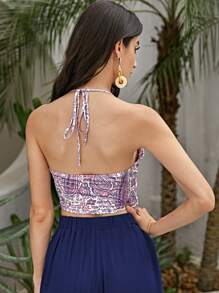 SHEIN Paisley Print O-ring Chi tiết Crop Halter Top - Nhiều màu - Xem 2