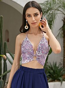 SHEIN Paisley Print O-ring Chi tiết Crop Halter Top - Nhiều màu - Xem 4