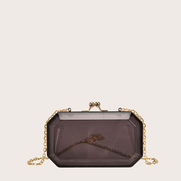 

Clear Kiss Lock Chain Box Bag, Black