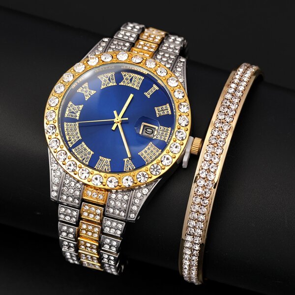 

1pc Men Rhinestone Decor Roman Numerals Quartz Watch & 1pc Bracelet