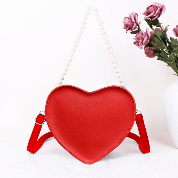 

Faux Pearl Decor Heart Design Satchel Bag, Red
