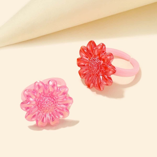 

2pcs Girls Flower Decor Ring, Multicolor