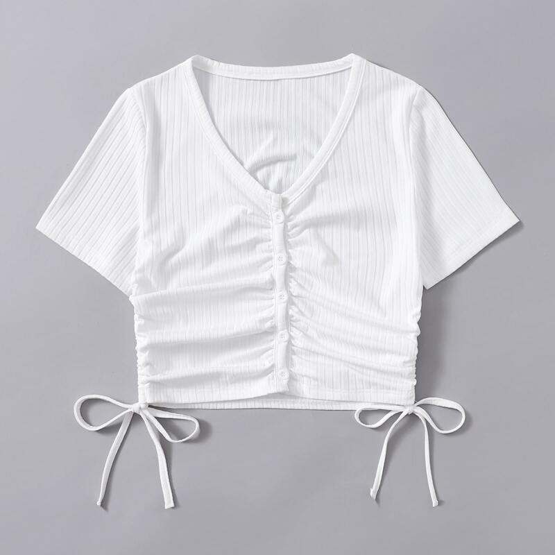

Solid Button Front Ribbed Tee, White