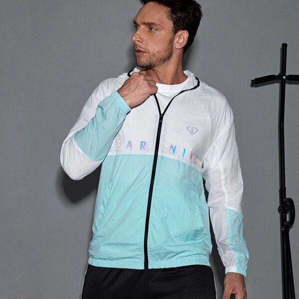 

Men Colorblock Letter Graphic Zipper Front Hooded Sports Jacket, Blue and white