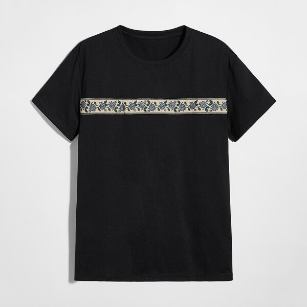 

Men Floral Tape Round Neck Tee, Black