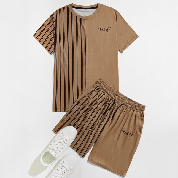 

Men Striped & Slogan Tee & Track Shorts, Mocha brown