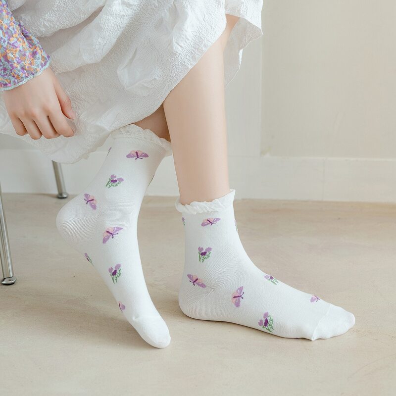 

1pair Butterfly Crew Socks, White