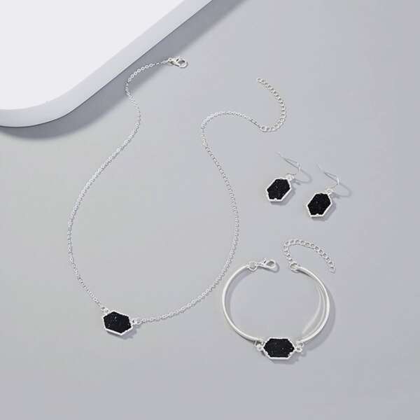 

4pcs Geometric Decor Jewelry Set, Silver