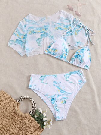 3حزم مجموعة بيكيني ثلاثي مطبوع برخام مقاس كبير وغطاء للصيف والشاطئ