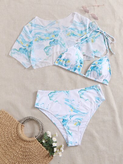 3حزم مجموعة بيكيني ثلاثي مطبوع برخام مقاس كبير وغطاء للصيف والشاطئ