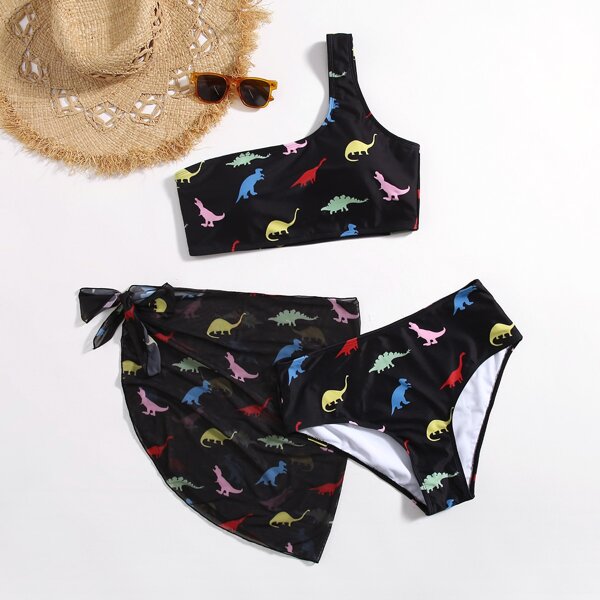 

3pack Plus Dinosaur Print Bikini Swimsuit & Beach Skirt, Black