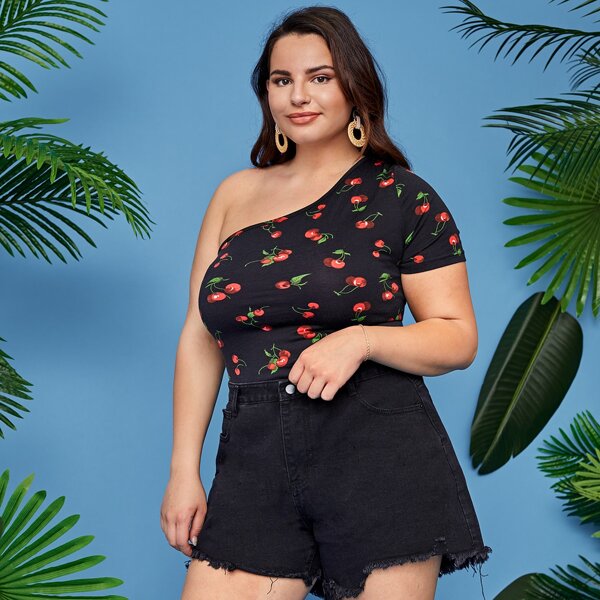 

Plus One Shoulder Cherry Tee, Multicolor
