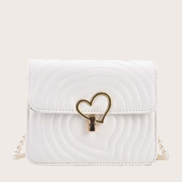 

Faux Pearl Decor Flap Crossbody Bag, White