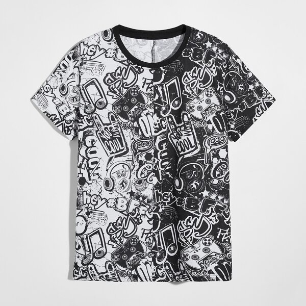 

Men Letter And Graphic Print Tee, Black and white