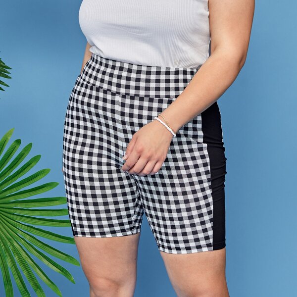 

Plus Wide Waistband Buffalo Plaid Biker Shorts, Black and white