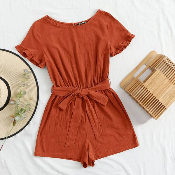 

Plus Ruffle Cuff Self Belted Romper, Burnt orange
