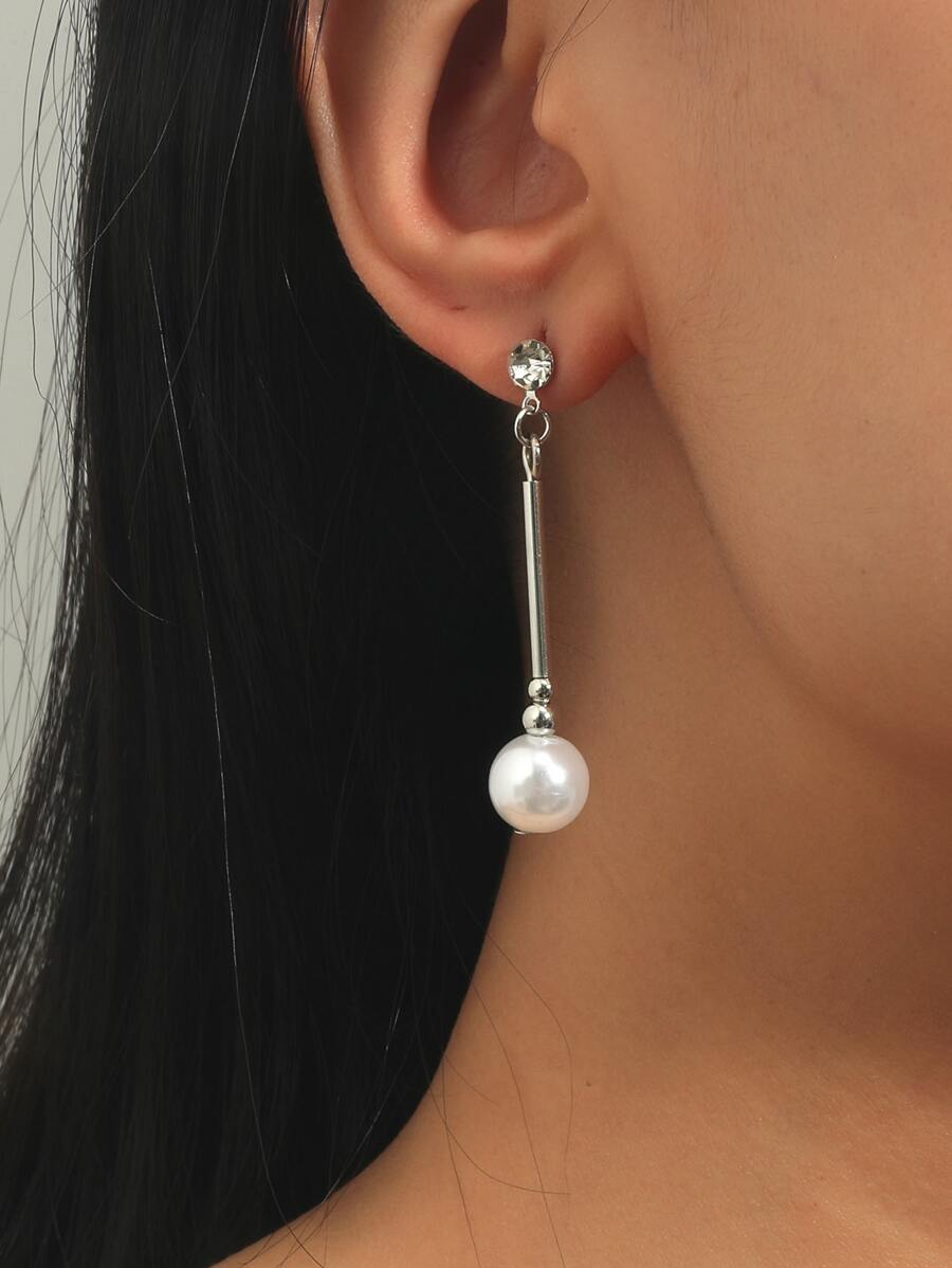 Faux Pearl Charm Drop Earrings - Silver - View 1