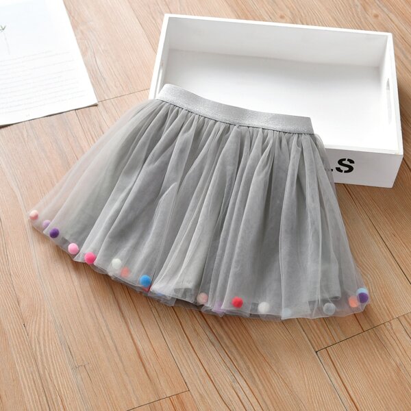 

Toddler Girls Pom Pom Mesh Skirt, Grey