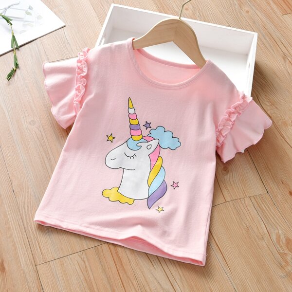 

Toddler Girls Frill Trim Unicorn Print Tee, Pink