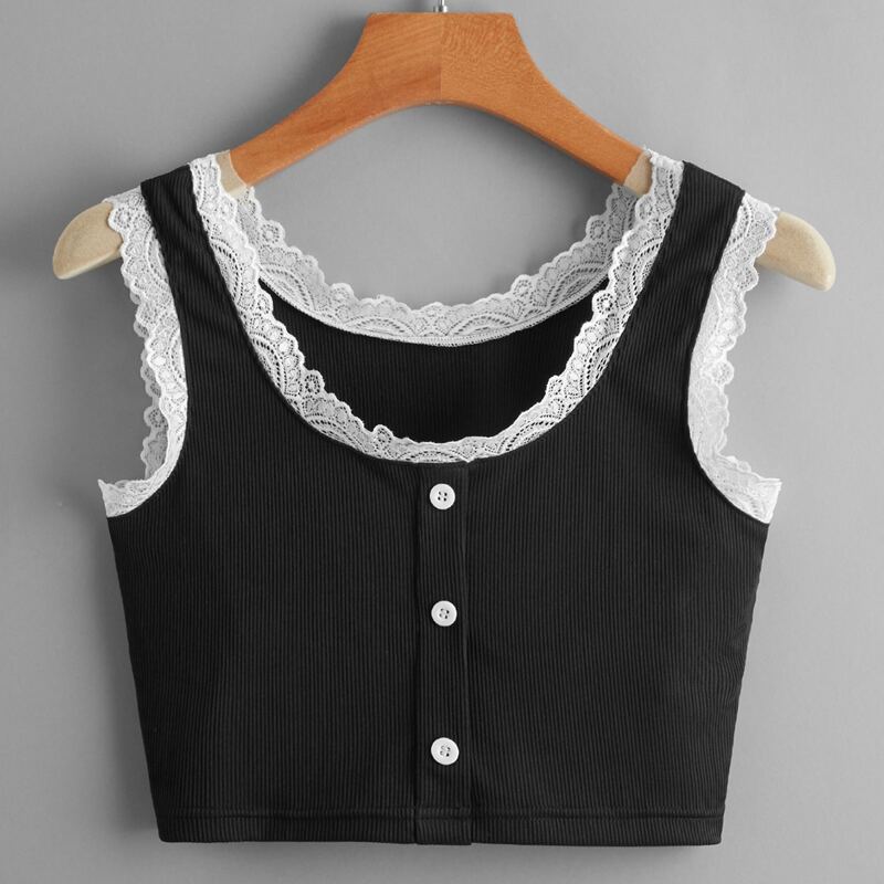 

Contrast Lace Button Ribbed Tank Top, Black