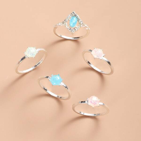 

5pcs Geometric Decor Ring, Silver
